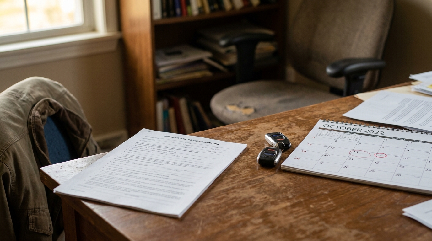Ohio Motor Vehicle Accident Claim Form beside car keys and October 2022 calendar