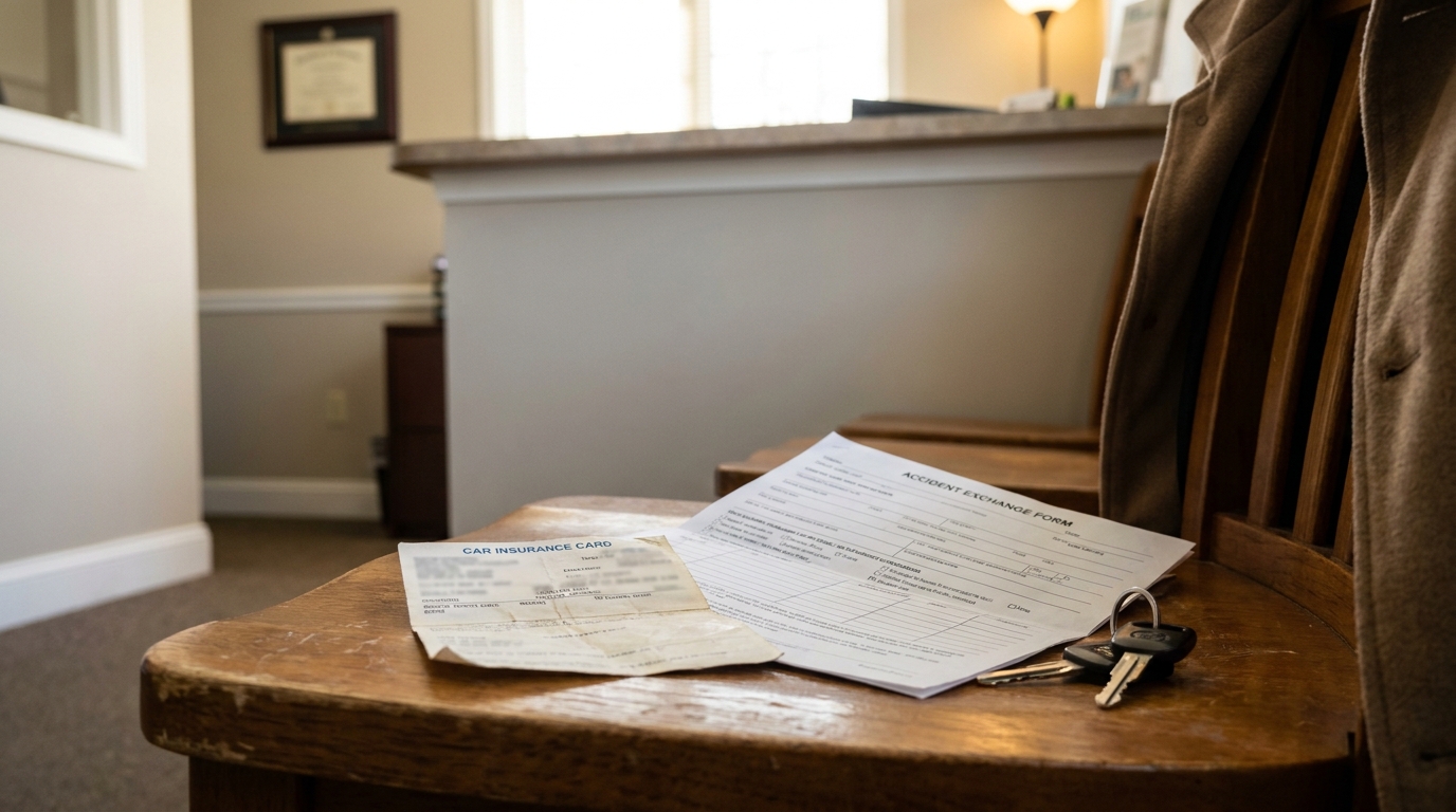 Car insurance card, accident exchange form, and keys resting on wooden chair