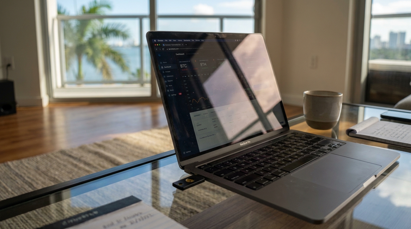 Miami Coinbase Crypto Account Hacked on Laptop MacBook Pro displaying BTC ETH cryptocurrency trading dashboard on glass desk