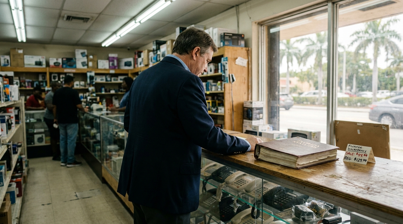Miami Attorney Reviewing Florida Statutes in Consumer Retail Store suited man reviewing Florida Statutes book at retail store glass counter