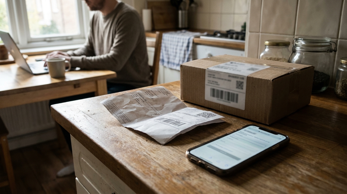 Los Angeles Consumer Online Fraud Package Receipt Dispute cardboard shipping box with barcode label, crumpled receipt, and smartphone on kitchen counter
