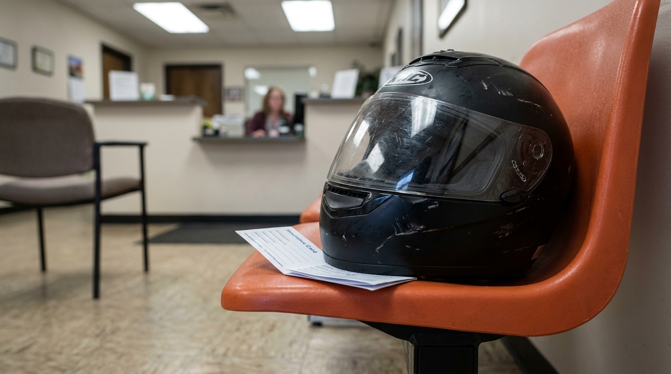 motorcycle helmet and intake form resting on waiting room chair near reception desk