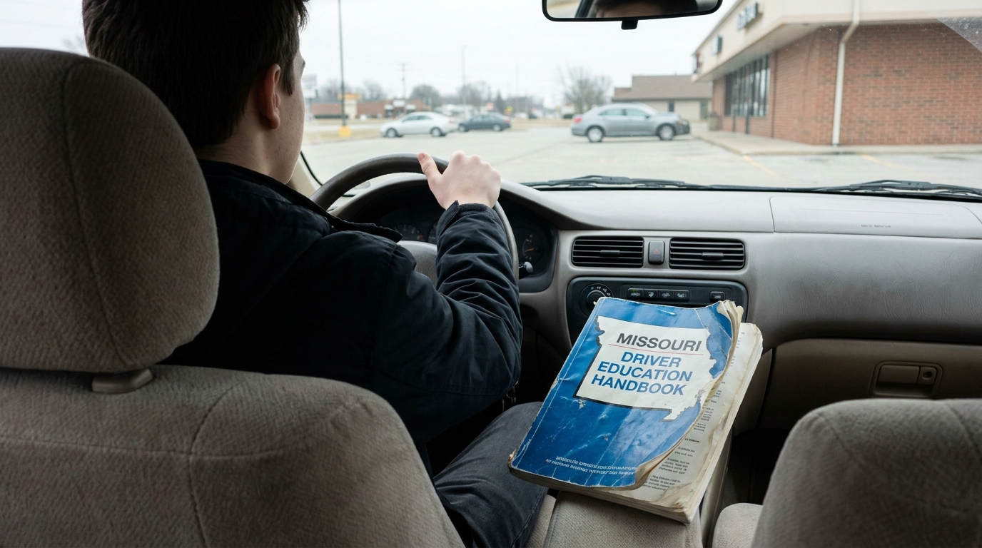 Missouri Teen Driver With Driver Education Handbook young driver at steering wheel with Missouri Driver Education Handbook on lap