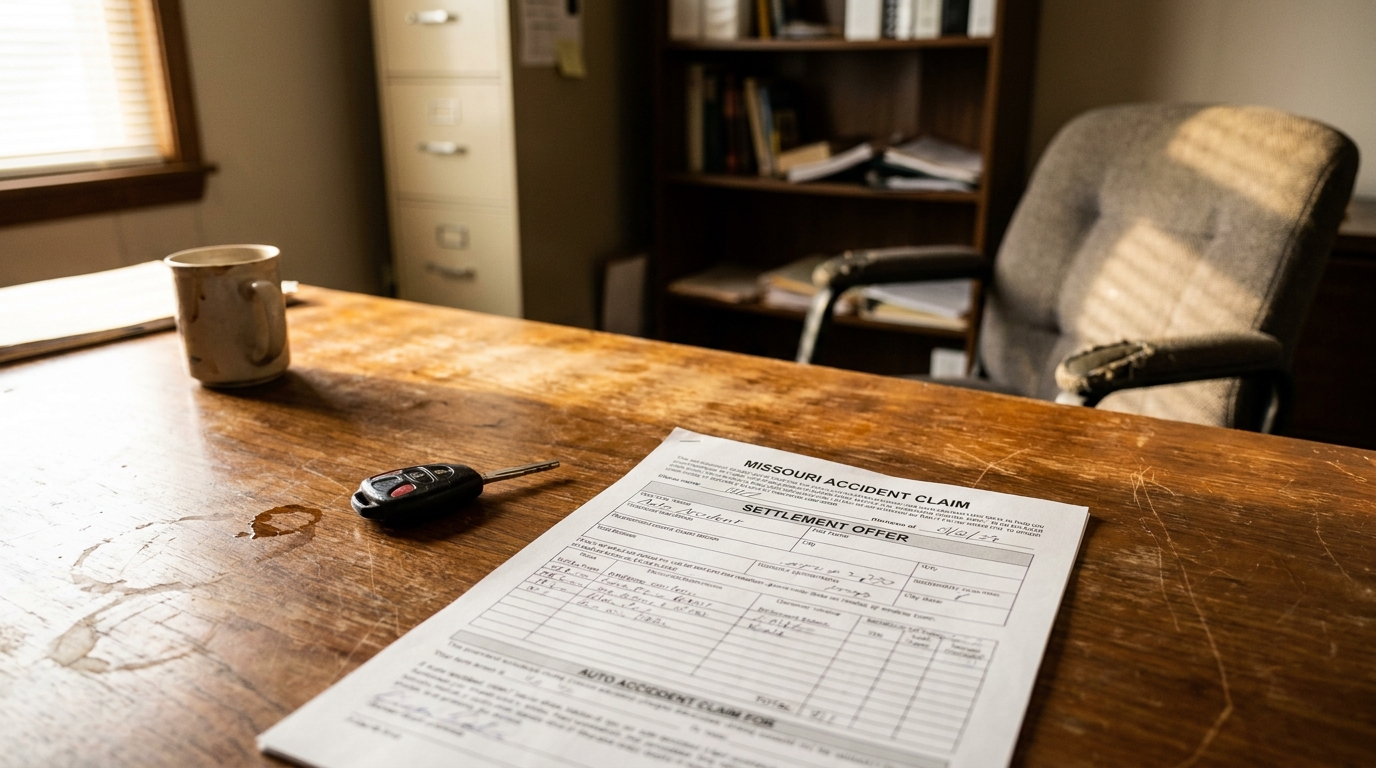 Missouri Car Accident Claim Settlement Offer Document Missouri Accident Claim settlement offer form and car keys on wooden desk