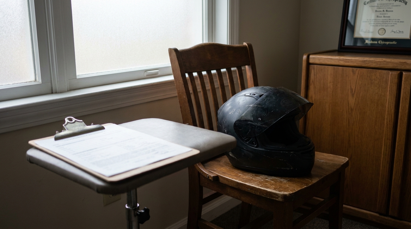 motorcycle helmet on wooden chair beside medical clipboard with documents