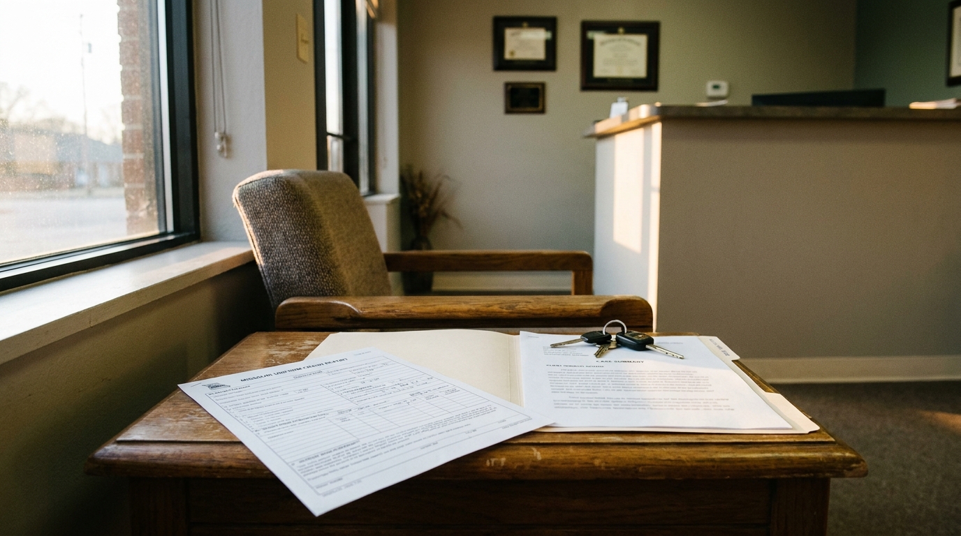 client intake form and case summary documents with car keys on wooden desk