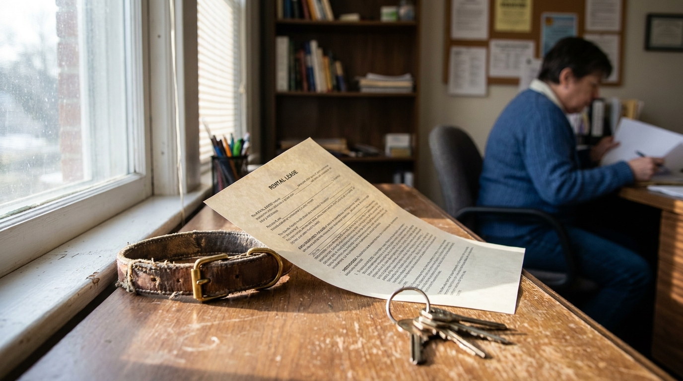 Orange County Landlord Rental Lease Dog Collar Liability rental lease document, dog collar, and keys on desk with person reviewing papers