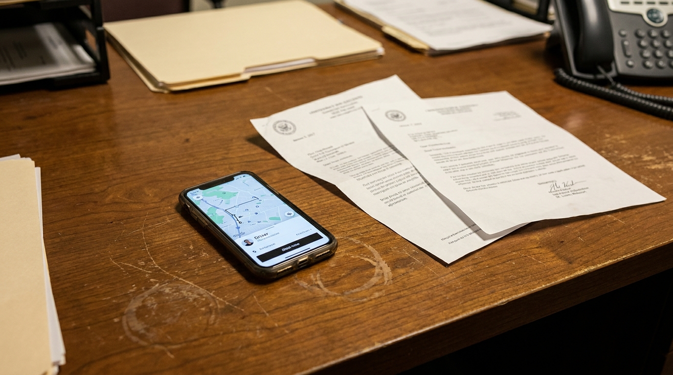 Missouri Uber Claim Insurance Denial Documents on Desk smartphone displaying rideshare driver app beside official legal documents on wooden desk