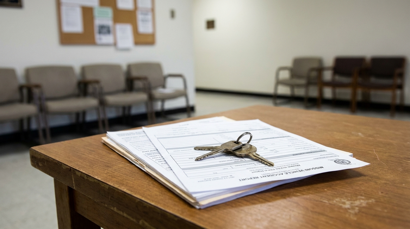 Missouri Vehicle Accident Report and Car Keys on Desk Missouri Vehicle Accident Report form and keys on wooden desk in waiting room