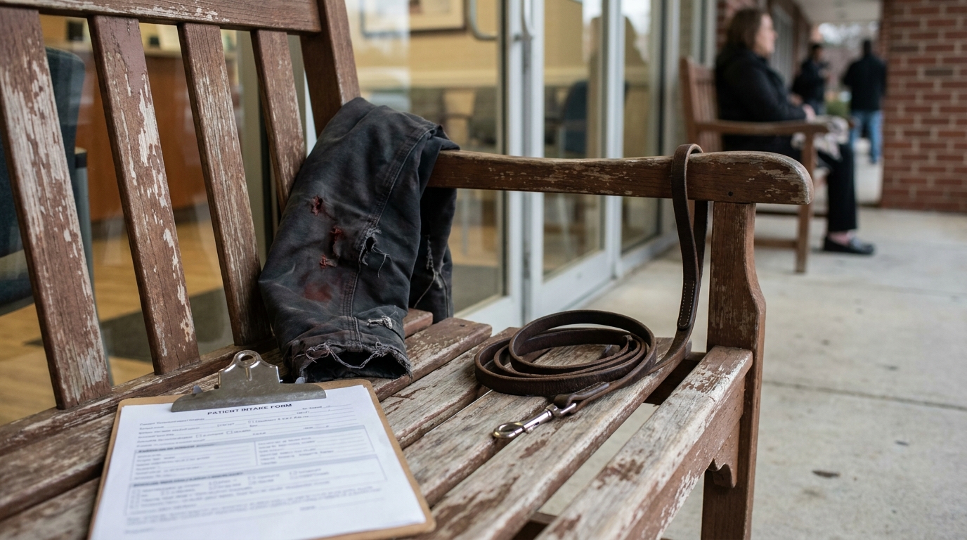 Albany Dog Bite Claim Patient Intake Form and Torn Clothing Patient intake form on clipboard beside torn jeans and dog leash on bench