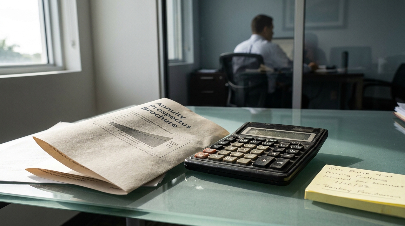 Miami Annuity Fraud Lawyer Reviewing Prospectus Documents Annuity Prospectus Brochure and calculator on desk with handwritten notes