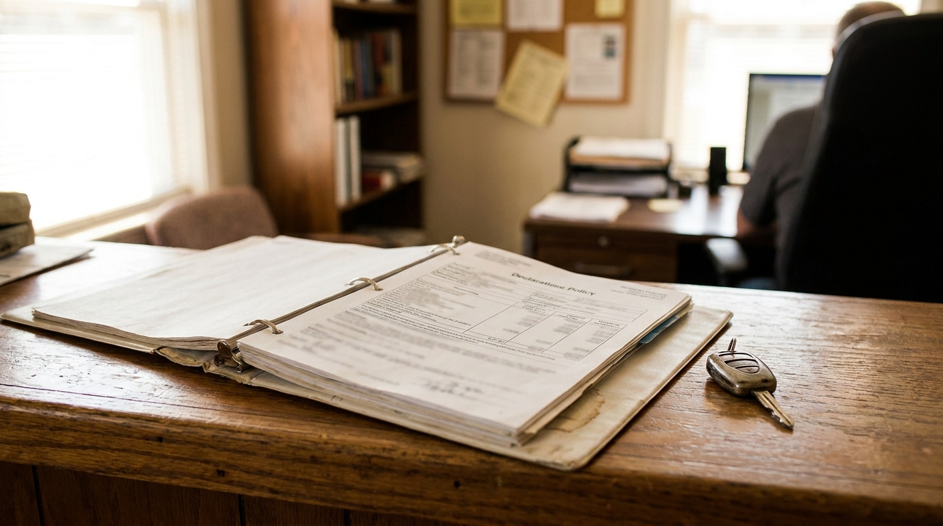 open Declarations Policy binder and car keys on wooden law office desk