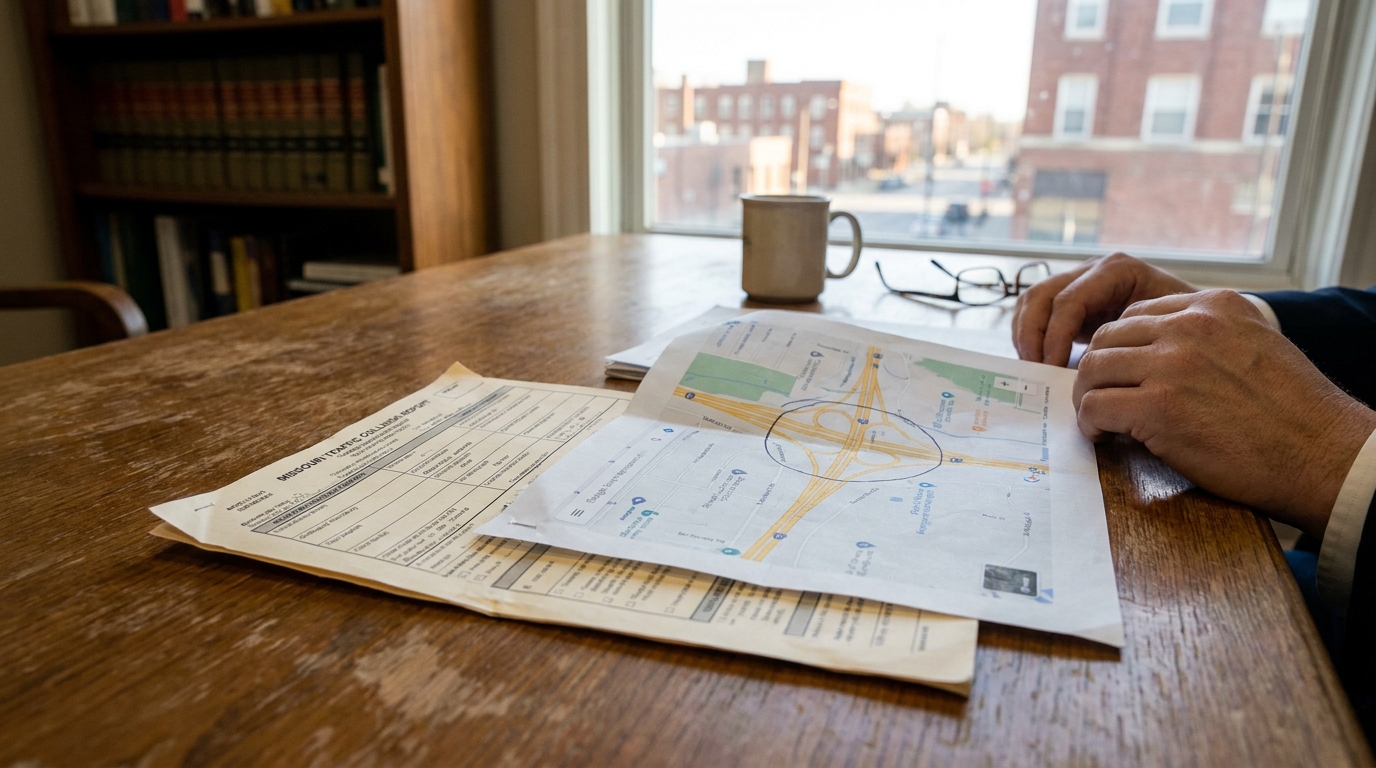 Kansas City Attorney Reviewing I-70 Crash Report and Map attorney reviewing Missouri Traffic Collision Report and accident scene map on desk