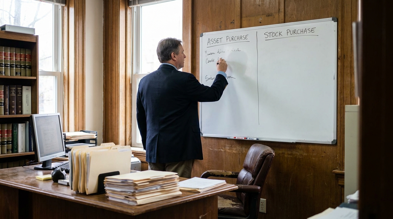 Philadelphia Business Lawyer Comparing Asset Purchase vs Stock Purchase attorney writing Asset Purchase vs Stock Purchase comparison on office whiteboard