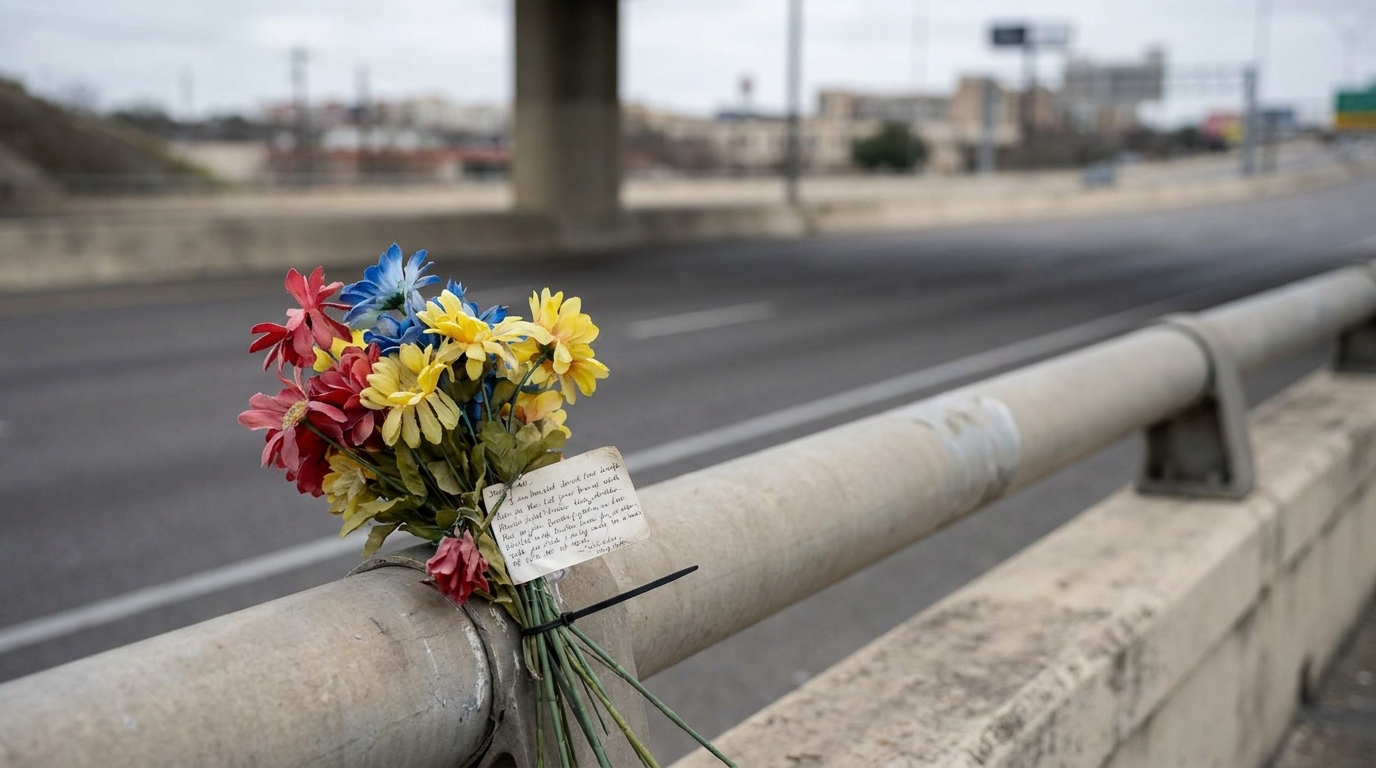 Roadside Memorial Flowers I-35 Fatal Truck Crash San Antonio flower bouquet with handwritten note tied to highway guardrail roadside memorial