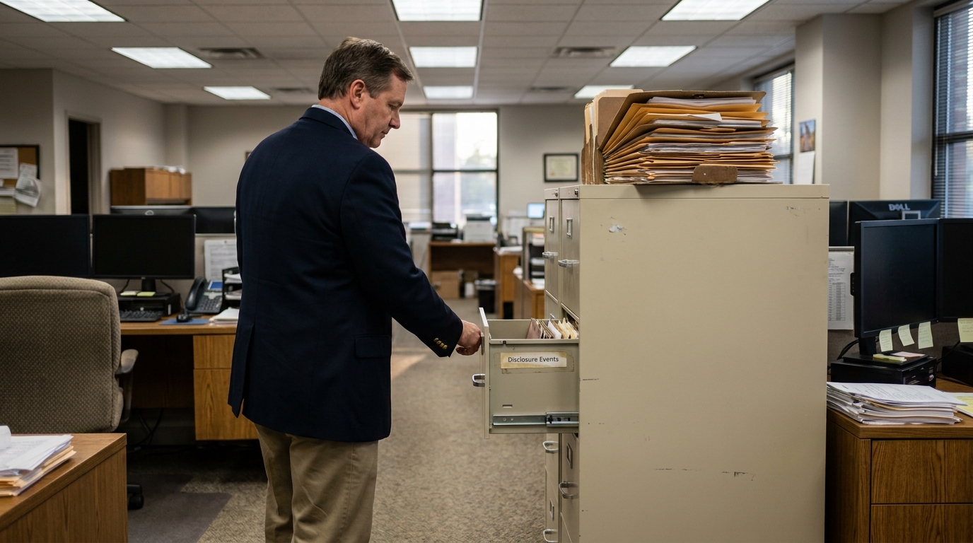 attorney accessing Disclosure Events labeled filing cabinet drawer in office