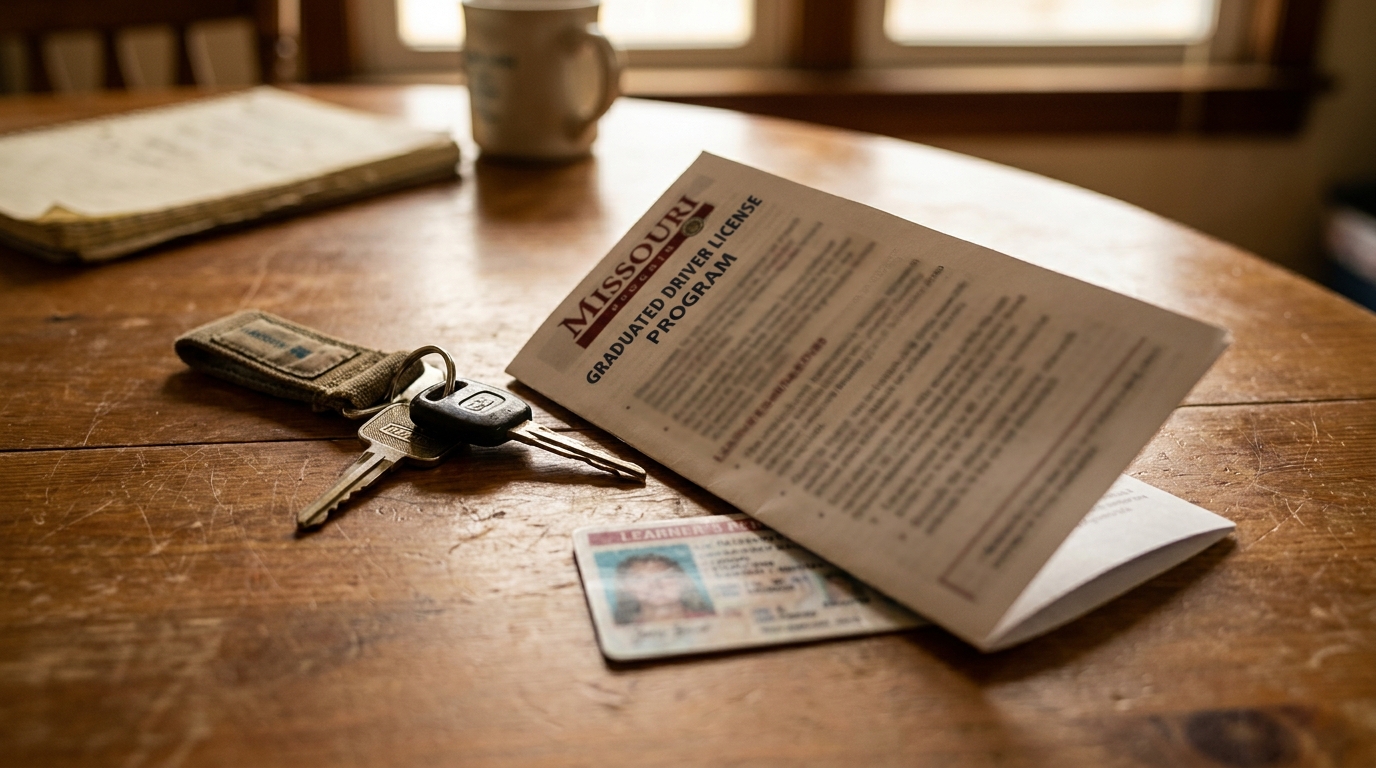 Missouri Graduated Driver License Program brochure, learner's permit, and car keys on wooden table