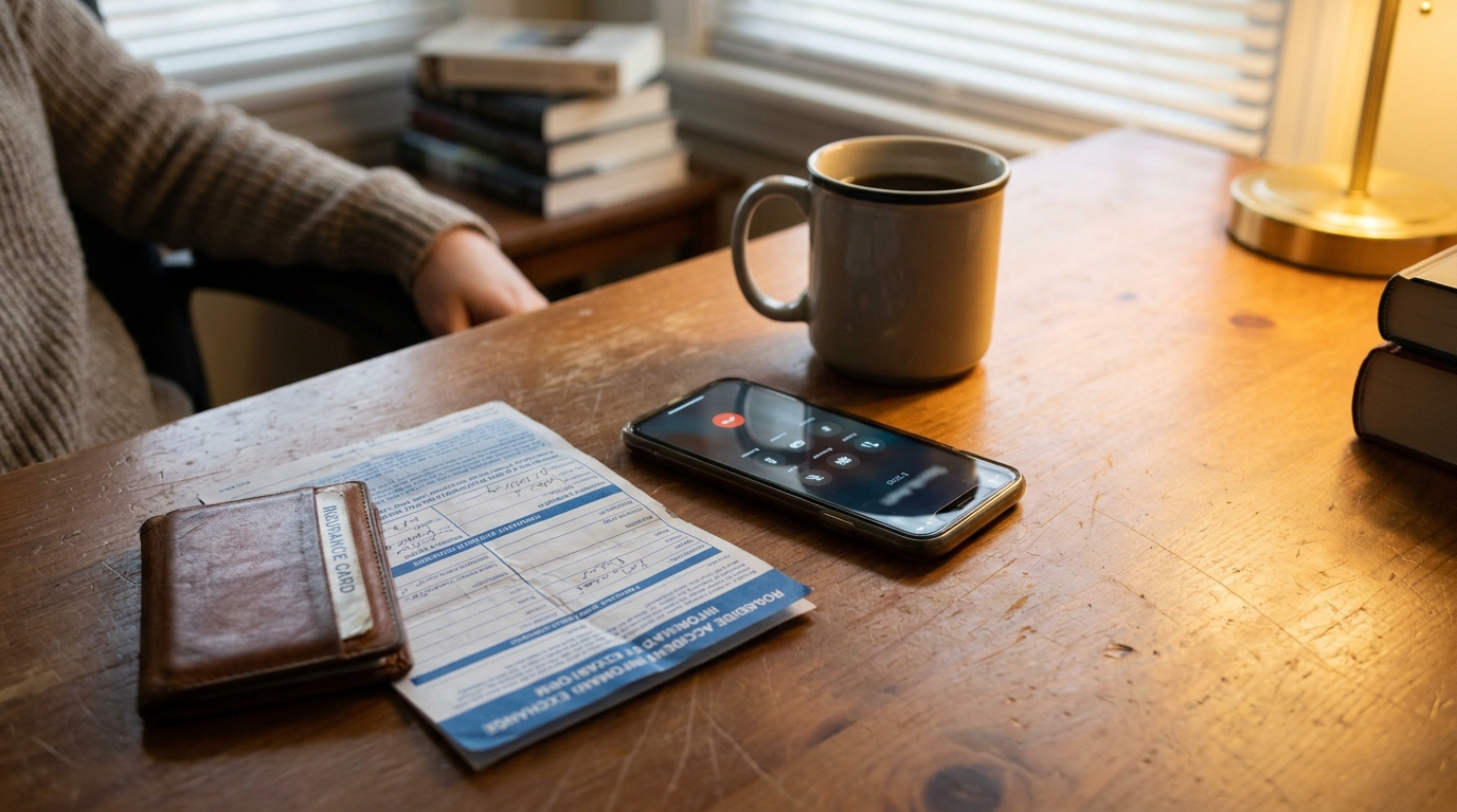 Missouri Hit and Run Victim Reviewing Insurance Card and Calling Attorney insurance card and roadside accident information form beside smartphone on desk