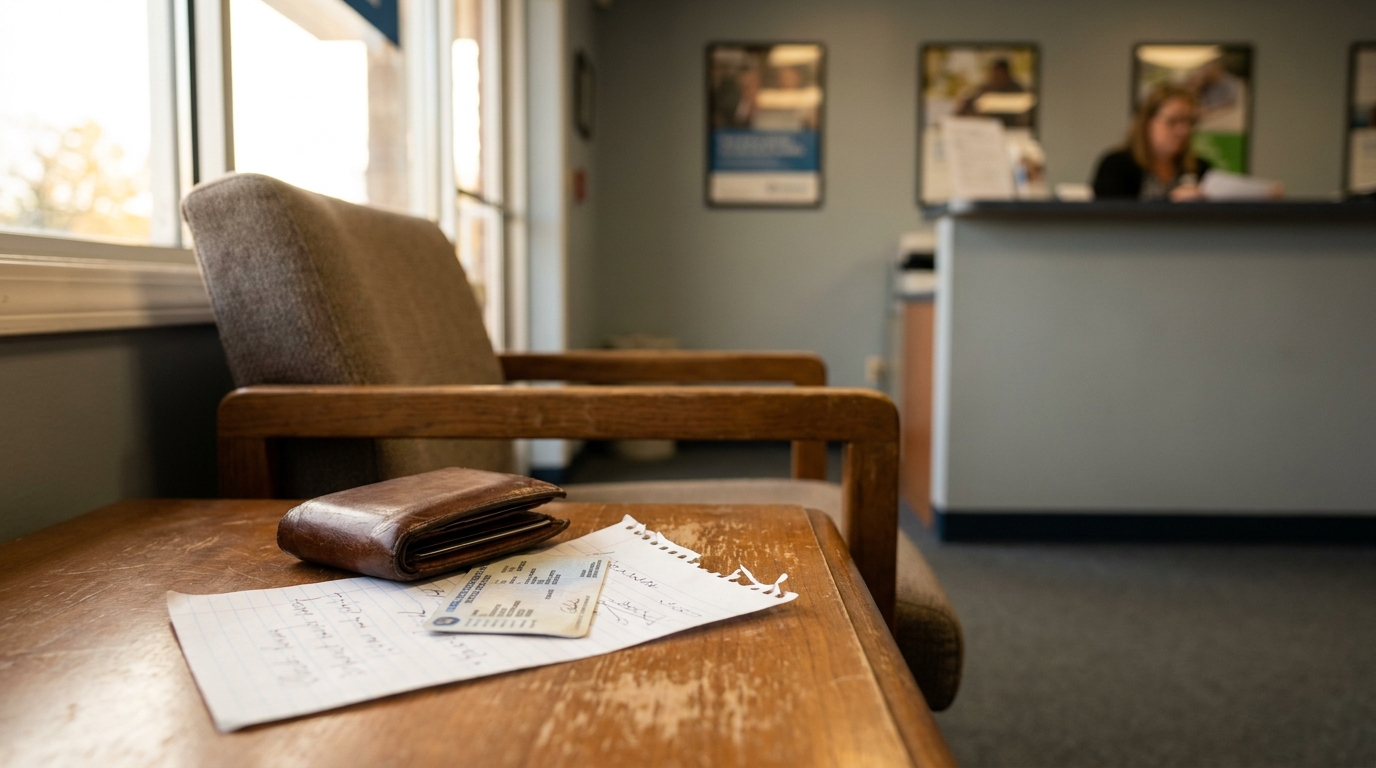 Car Accident Victim Waiting at California Insurance Office wallet, handwritten notes, and ID card on wooden table in office waiting area
