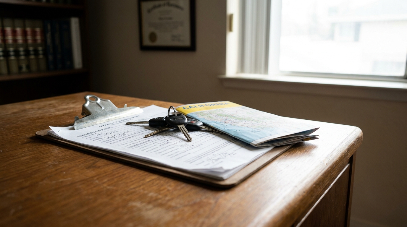 Sacramento Car Accident Negligence Claim Documents and Keys car keys and California map resting on signed legal documents in law office