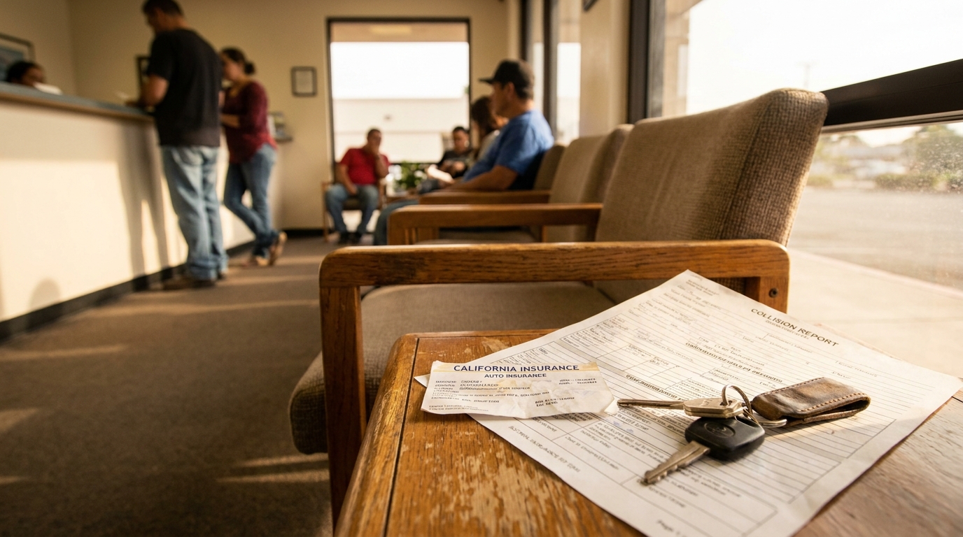 California Car Accident Claim Form and Insurance Documents Orange County California Insurance auto insurance card and collision report with car keys on waiting room chair