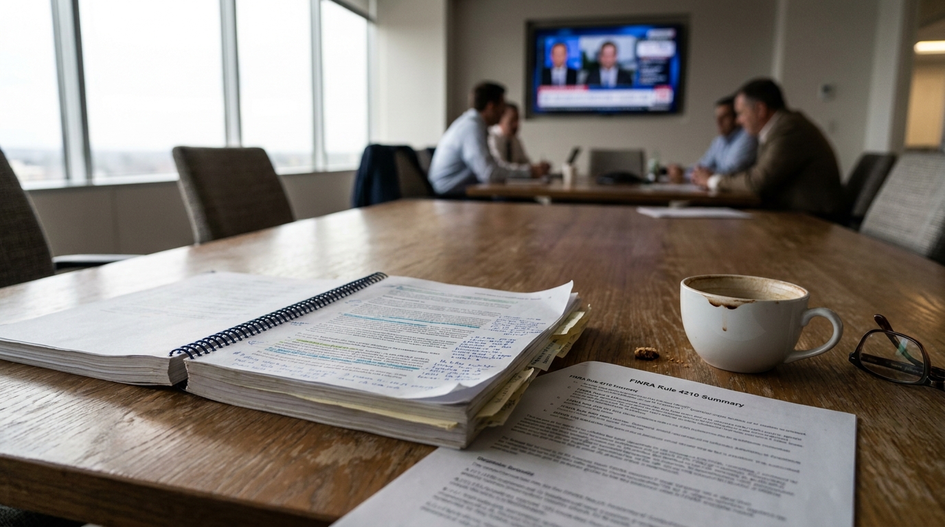 FINRA Rule 4210 Summary document and annotated binder on conference room table