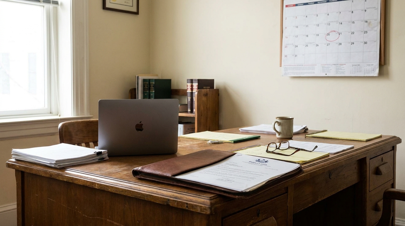 Philadelphia Business Litigation Attorney Desk With Legal Documents wooden attorney desk with laptop, legal documents, glasses, and wall calendar