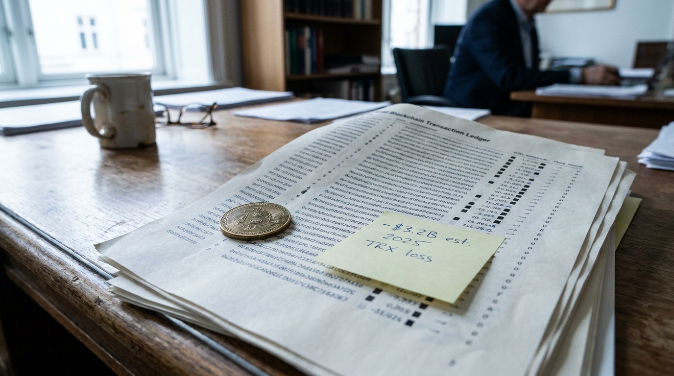 Blockchain transaction ledger with Bitcoin coin and sticky note reading negative 3.2B TRX loss 2025