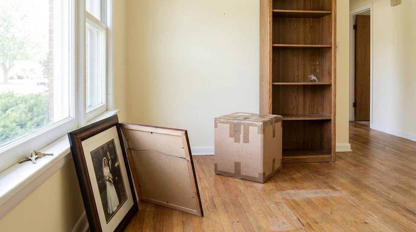 empty room with framed wedding portrait, packed cardboard box, and bare bookshelf