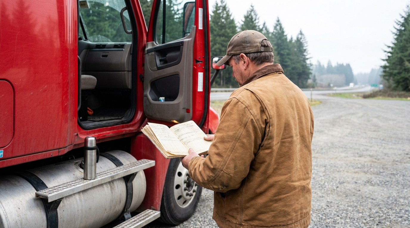 Bend Oregon Truck Driver Reviewing Hours of Service Logbook truck driver reviewing logbook documents beside open semi-truck cab door