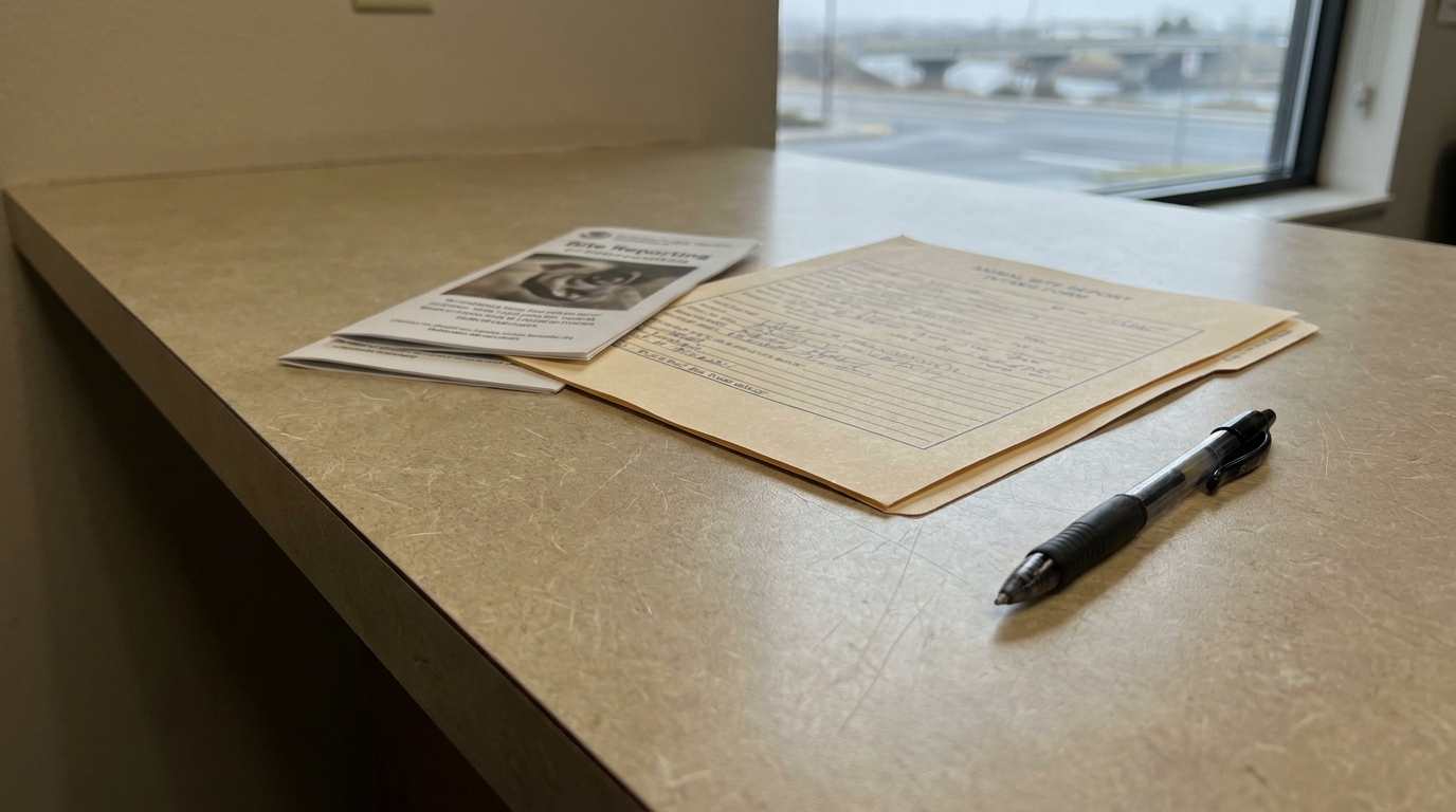 animal bite report form in manila folder with bite reporting brochure and pen on counter
