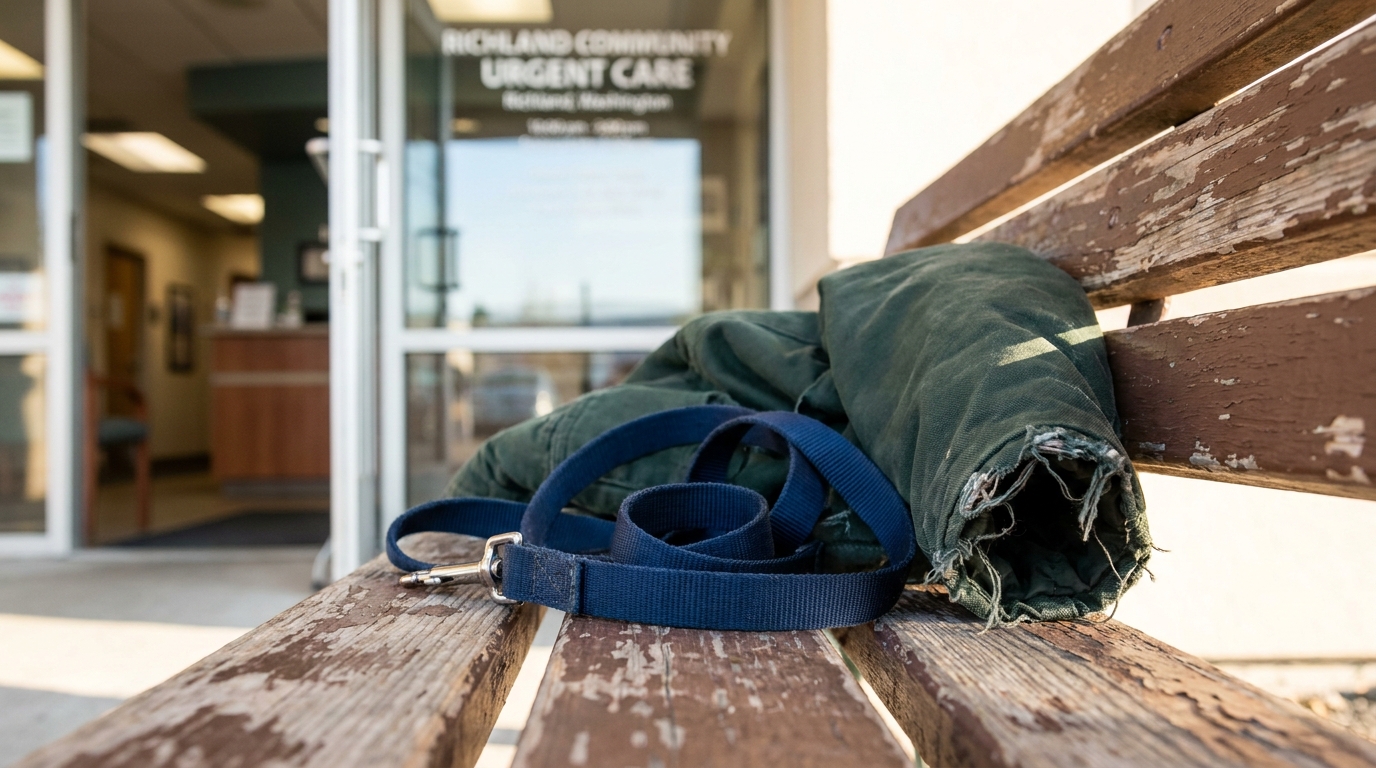 Dog Leash Outside Richland Urgent Care After Dog Bite dog leash and jacket left on bench outside Richland Community Urgent Care