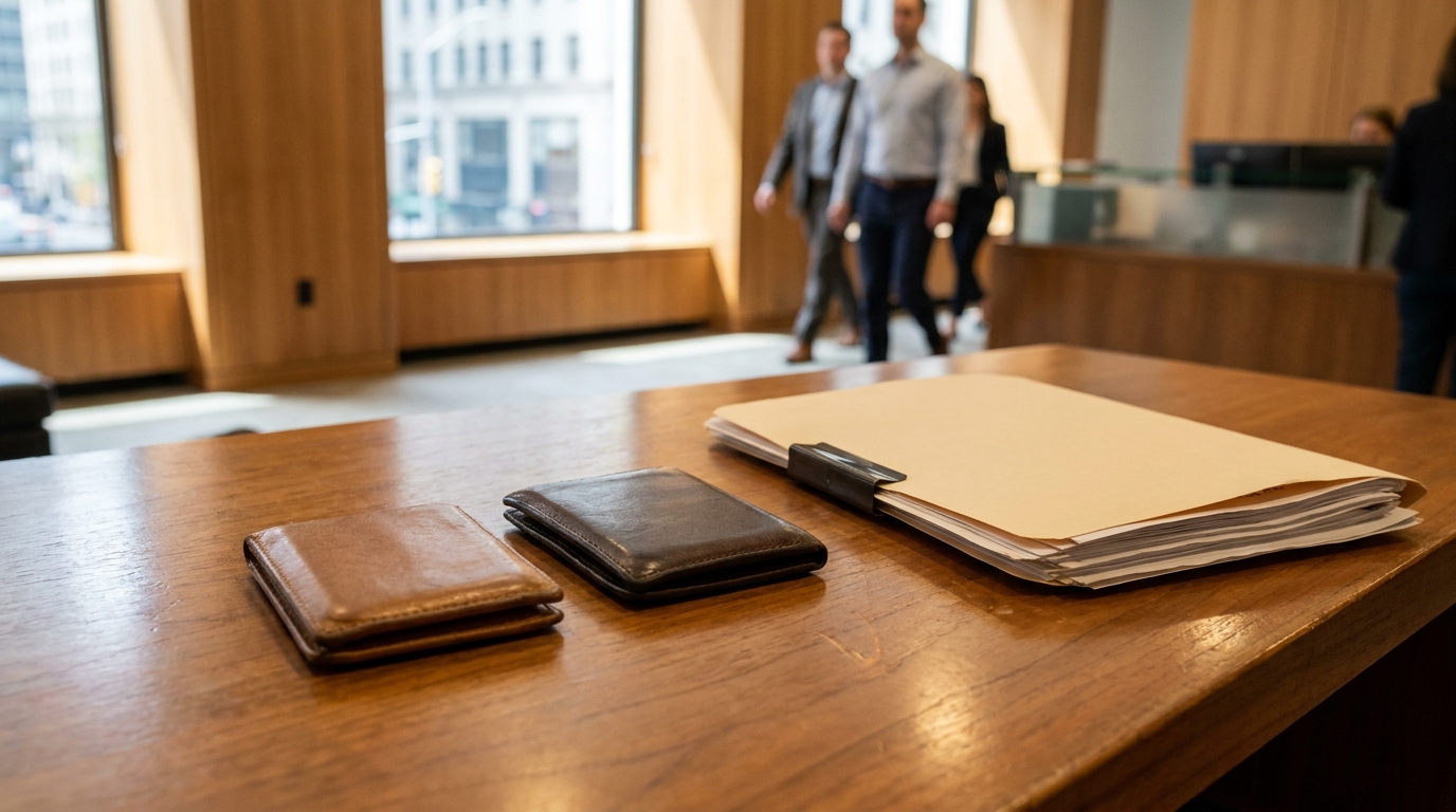 Indianapolis Personal Injury Attorneys Meeting at Law Firm two leather wallets and legal file folder on wooden desk in law office