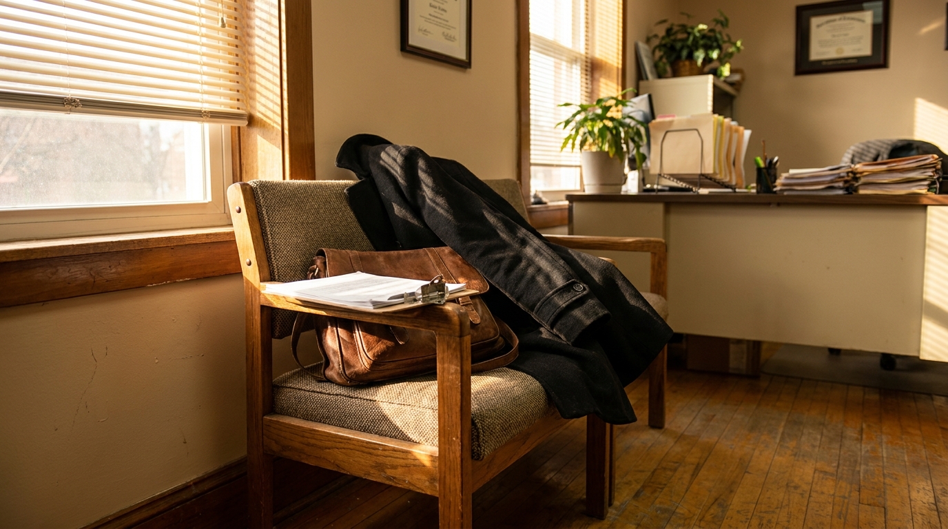 leather briefcase and coat resting on chair in law office with framed certificates