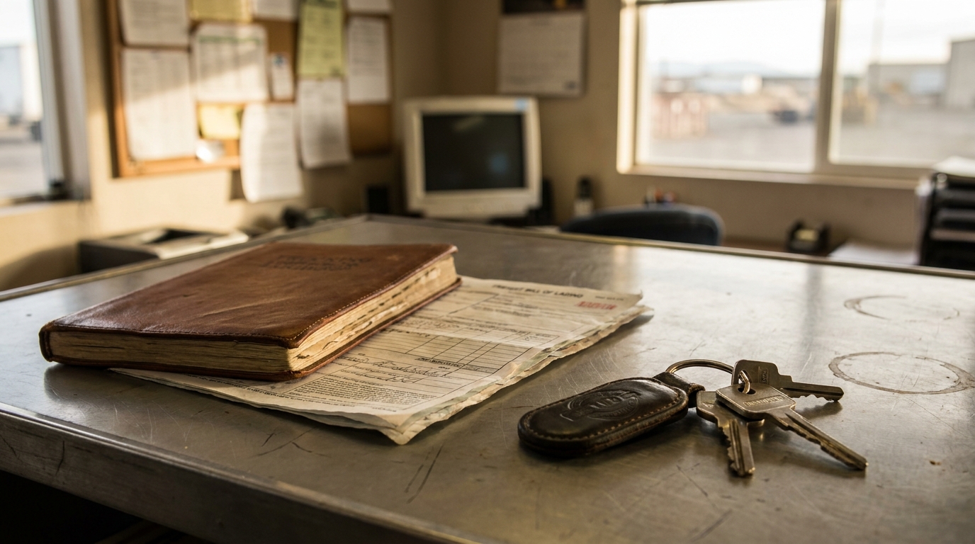 worn logbook, bill of lading document, and vehicle keys on trucking office counter