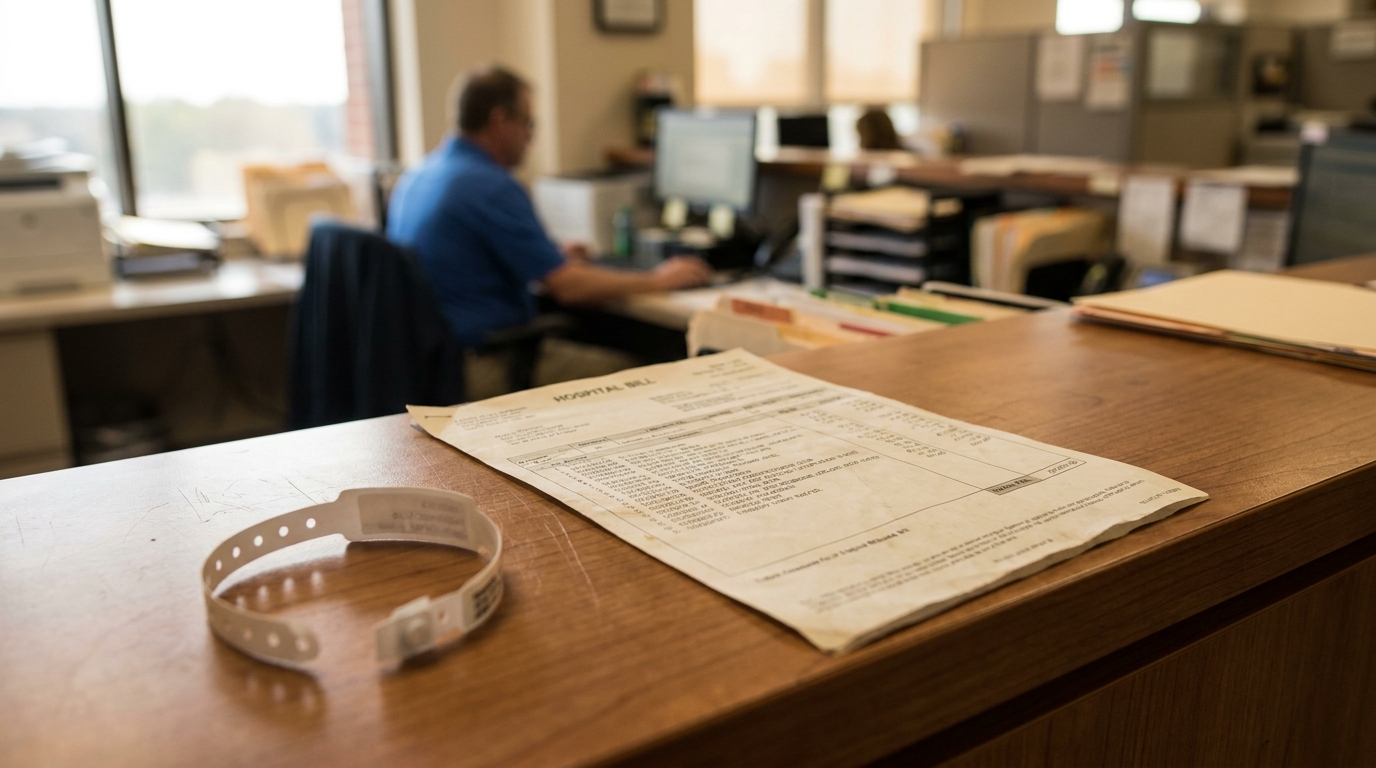 Hospital Bill and Lien Document Richland Auto Accident hospital bill document and patient wristband on desk in office setting