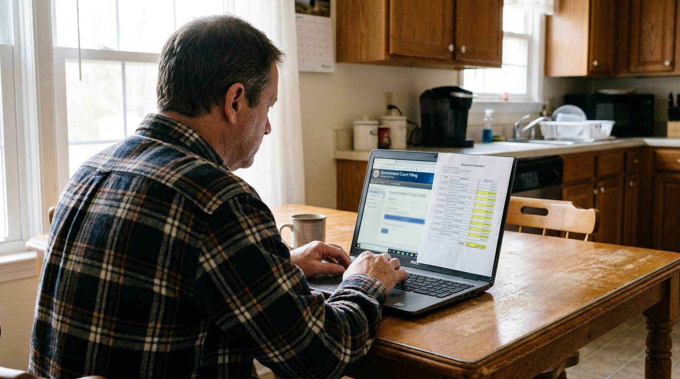 man at kitchen table viewing Government Court Filing and repayment schedule on laptop