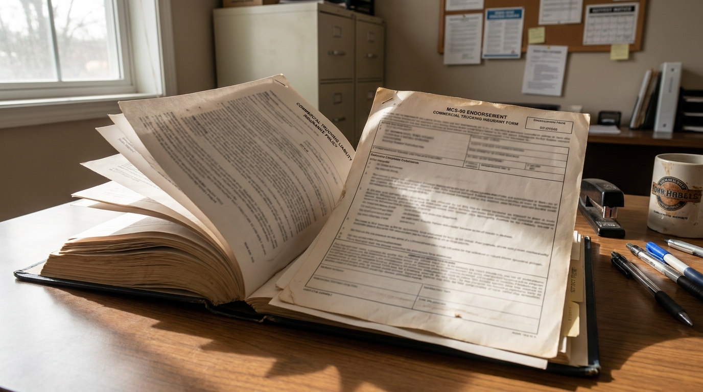 MCS-90 Endorsement Commercial Trucking Insurance Form Richland WA MCS-90 Endorsement commercial trucking insurance form open on office desk