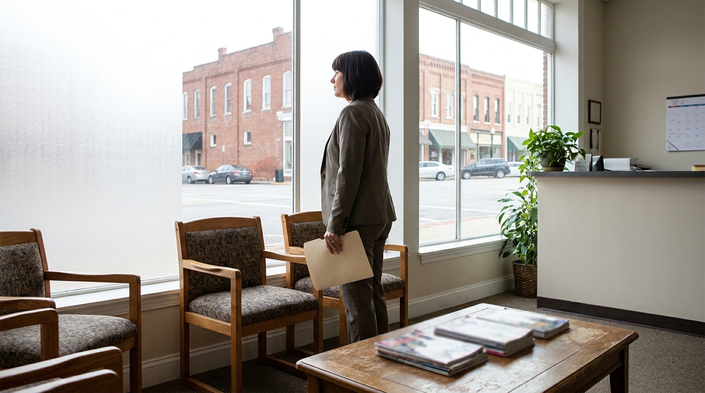 Rock Hill Divorce Attorney Waiting With Case File female attorney holding folder standing in law office waiting room looking out window
