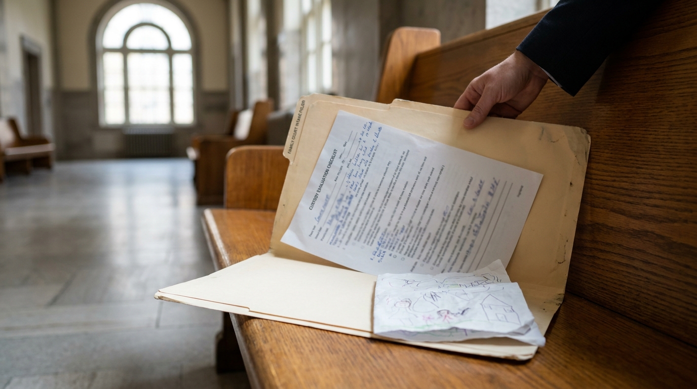 hand opening family court folder with custody evaluation checklist on courtroom bench