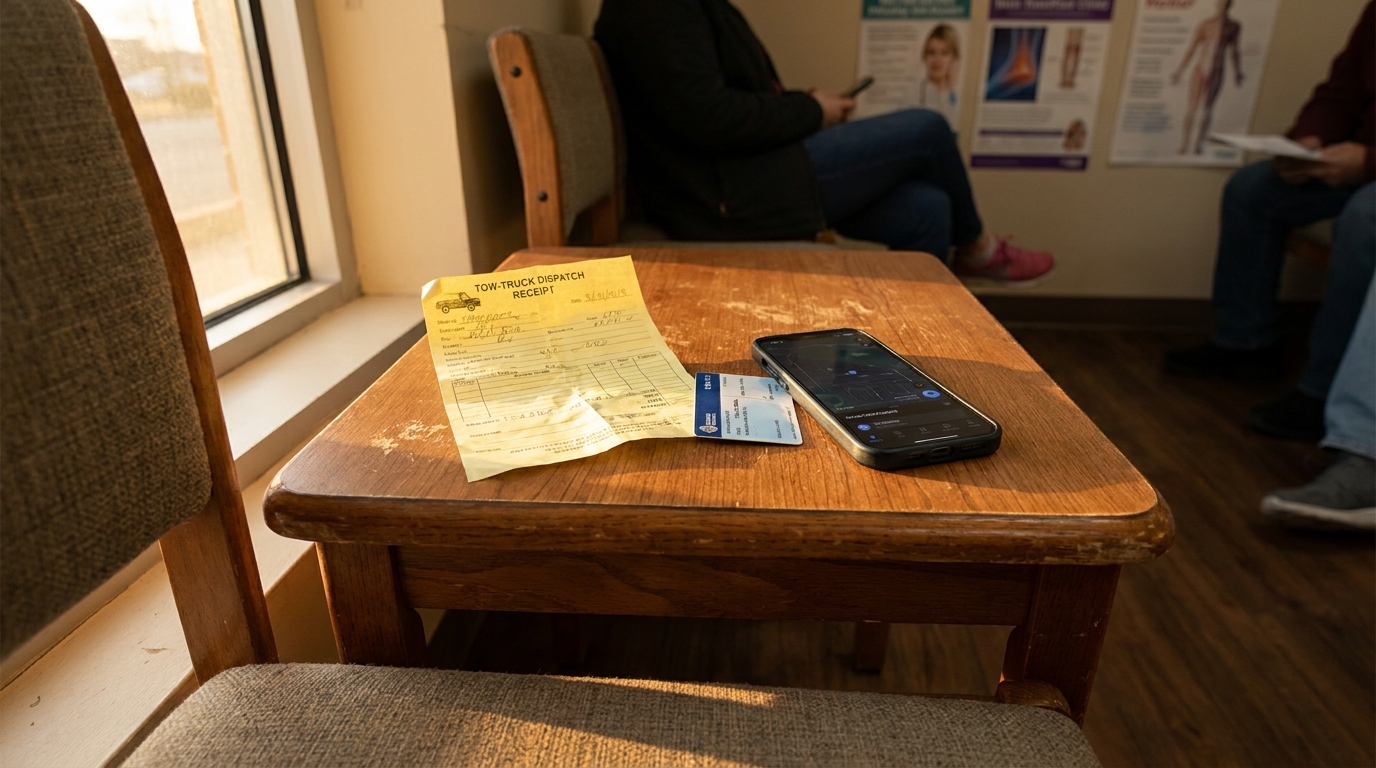 tow-truck dispatch receipt, insurance card, and smartphone on waiting room table