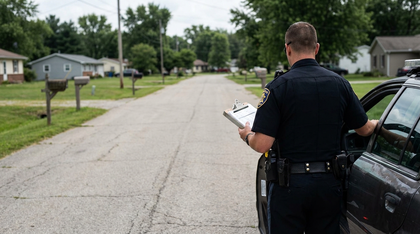 uniformed police officer holding clipboard beside patrol car on residential street