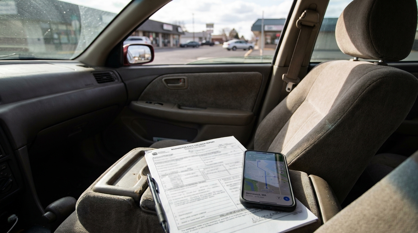Filing a Washington State Collision Report in Kennewick WA Washington State Collision Report form and smartphone with map on car seat