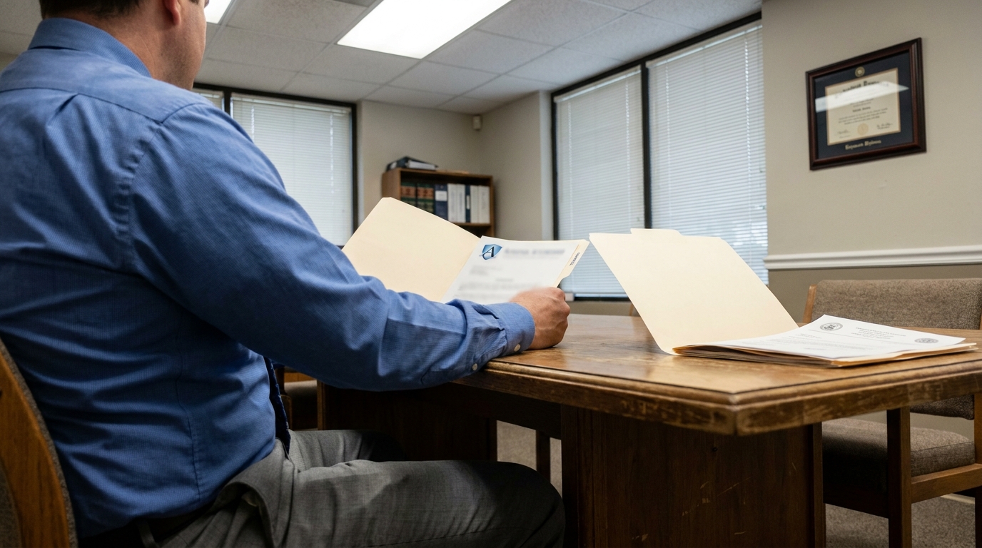 Richland Lawyer Reviewing Insurance Claim vs Lawsuit Files attorney seated at wooden desk reviewing legal documents in manila folders
