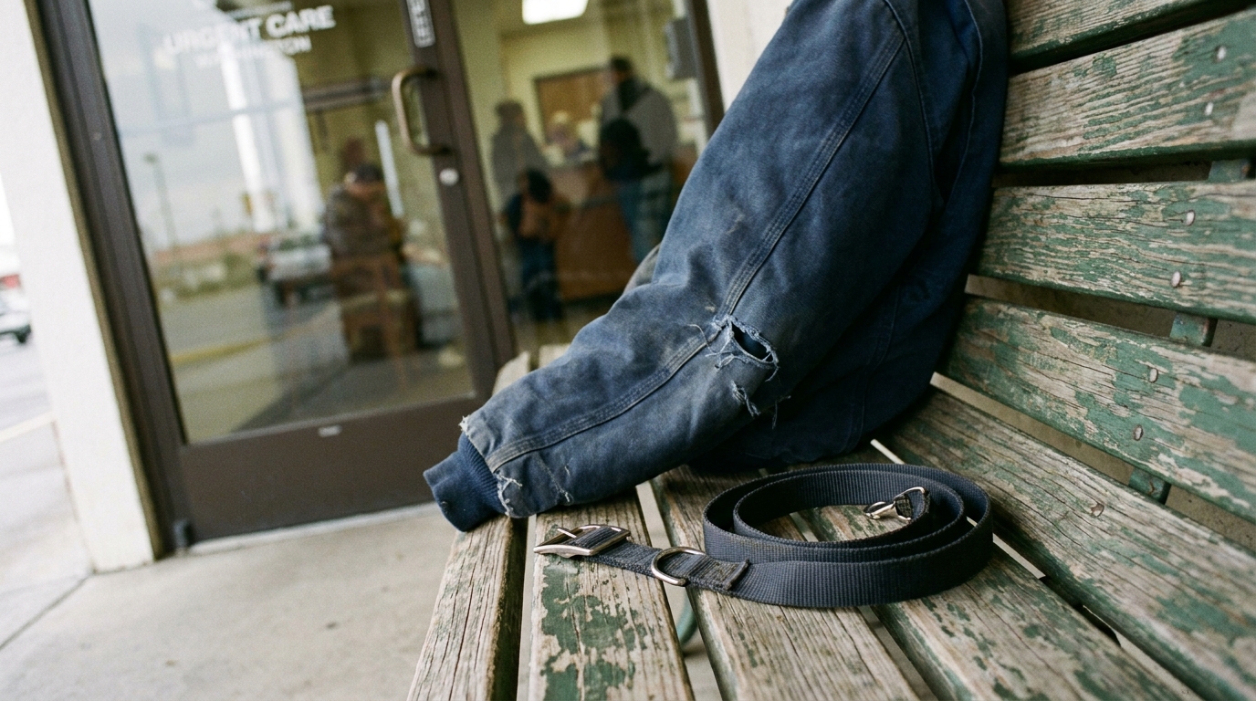 Kennewick Dog Bite Victim Outside Urgent Care With Leash person in torn jeans slumped on bench outside Urgent Care entrance