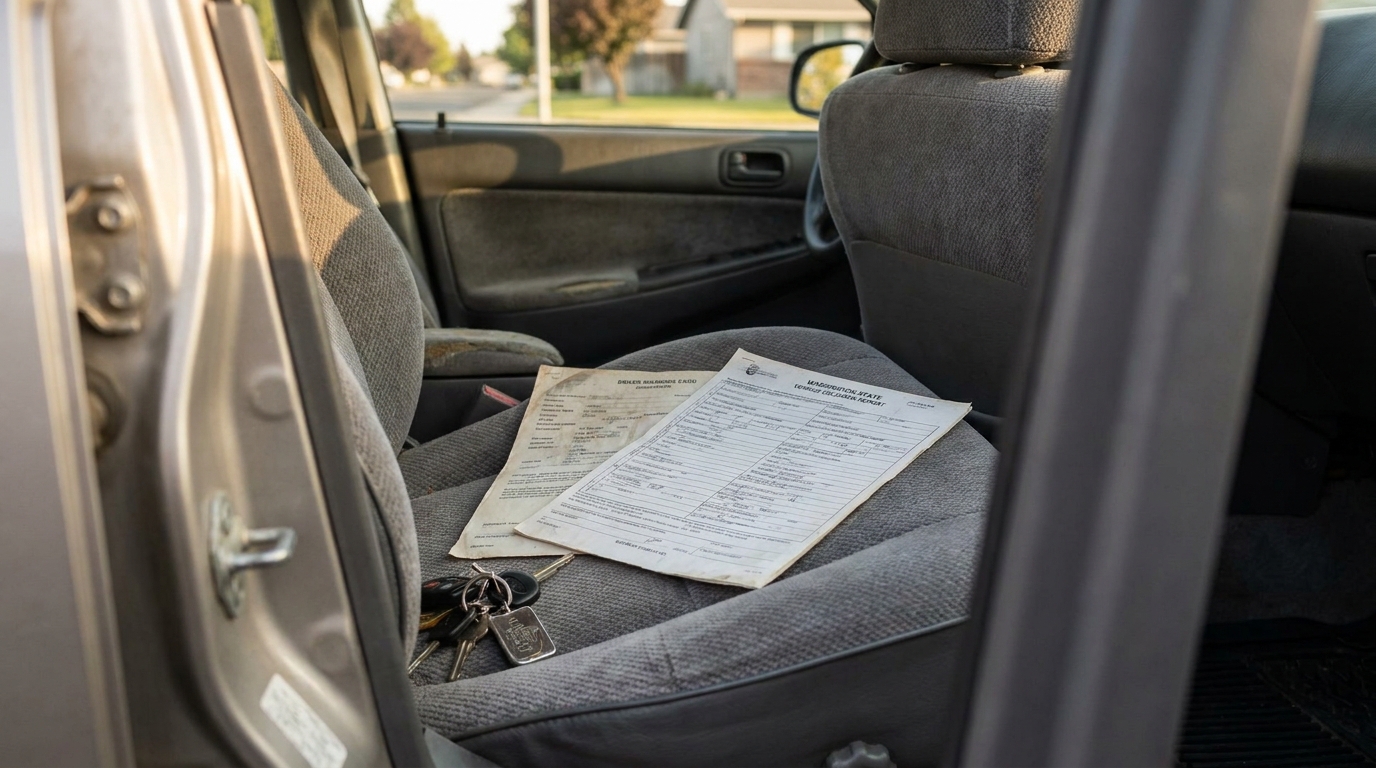Washington State Collision Report Forms On Car Seat Richland vehicle collision report forms and car keys resting on rear seat
