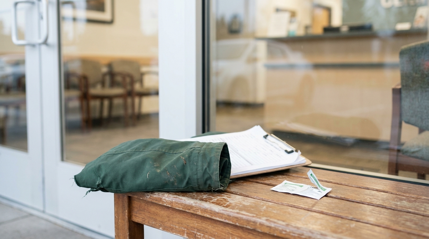 Dog Bite Incident Report Clipboard Bend Oregon worn work jacket and clipboard with documents left on outdoor bench