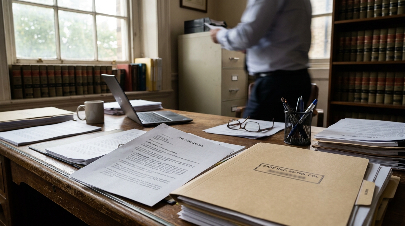 Columbia Truck Accident Attorney Reviewing Spoliation Letter attorney office desk with stipulation letter, case file folder, and law books