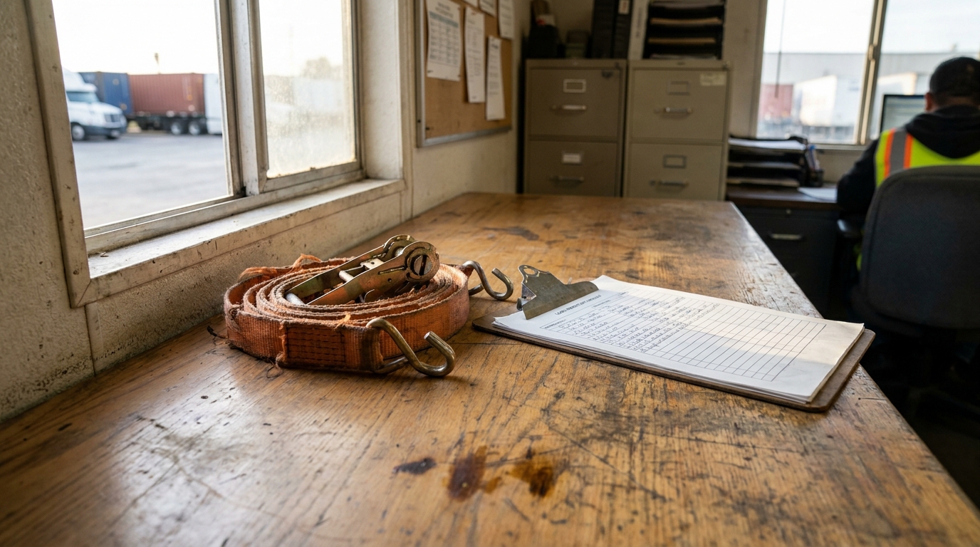 Unsecured Cargo Strap and Clipboard San Bernardino Truck Accident cargo tie-down strap and clipboard with form on worn workbench in trucking office