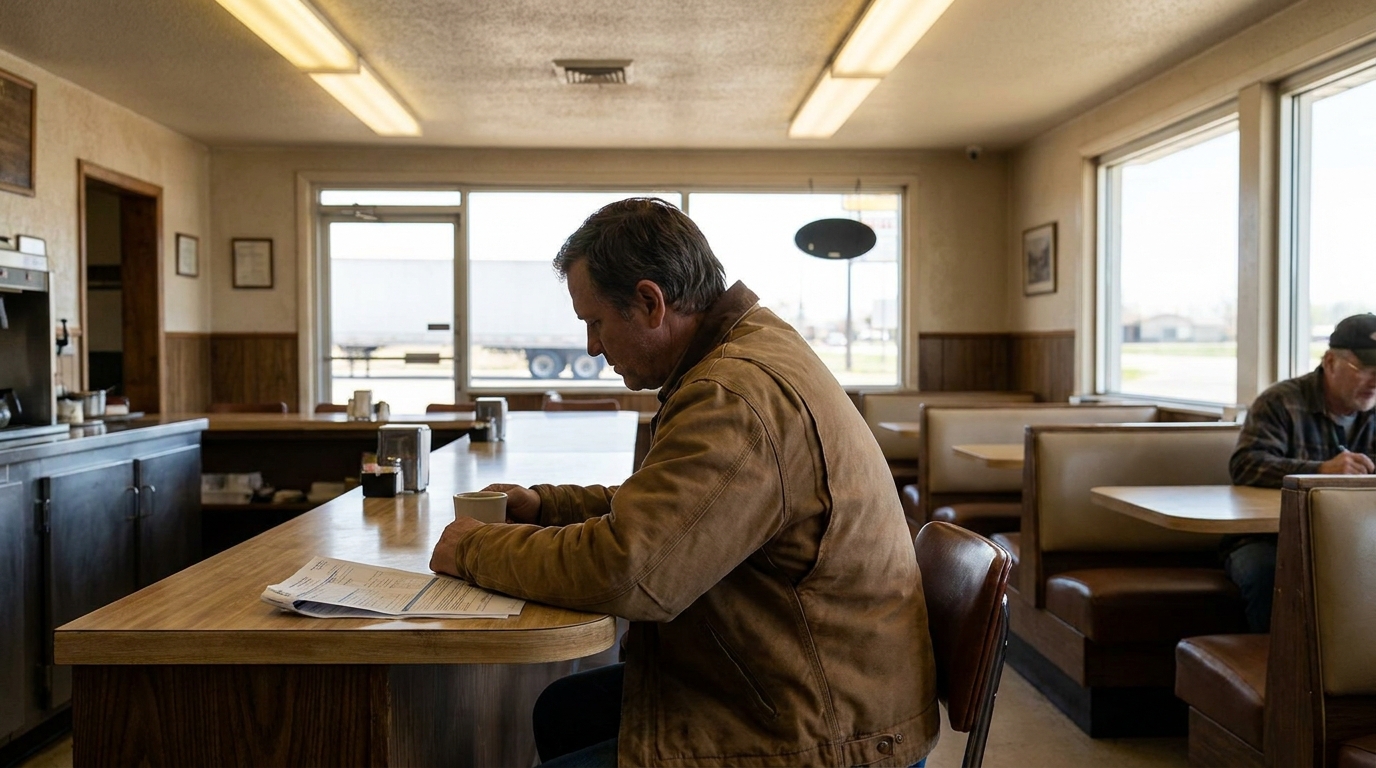 Tupelo Truck Driver Reviewing Documents at Roadside Diner man reviewing documents at diner counter with coffee cup beside him